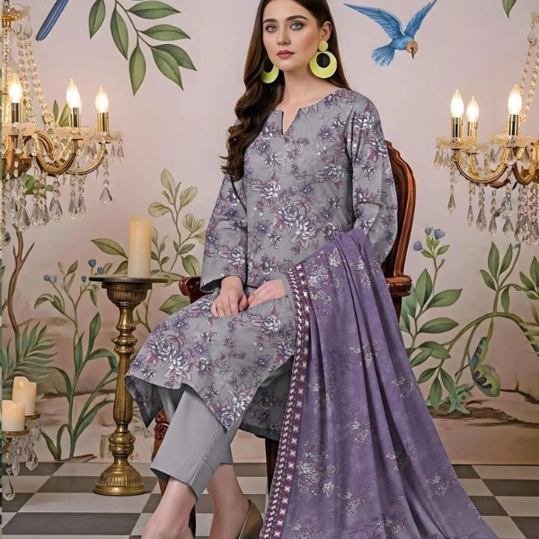 Elegant 3 Pcs Women’s Unstitched Printed Lawn Suit in beautiful grey color. Made with soft lawn fabric, featuring a printed shirt, plain trouser, and printed dobby lawn dupatta — perfect for casual and summer wear. STOREONE.PK
