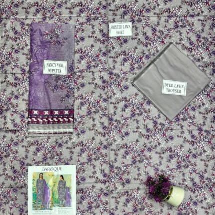 Elegant 3 Pcs Women’s Unstitched Printed Lawn Suit in beautiful grey color. Made with soft lawn fabric, featuring a printed shirt, plain trouser, and printed dobby lawn dupatta — perfect for casual and summer wear. STOREONE.PK