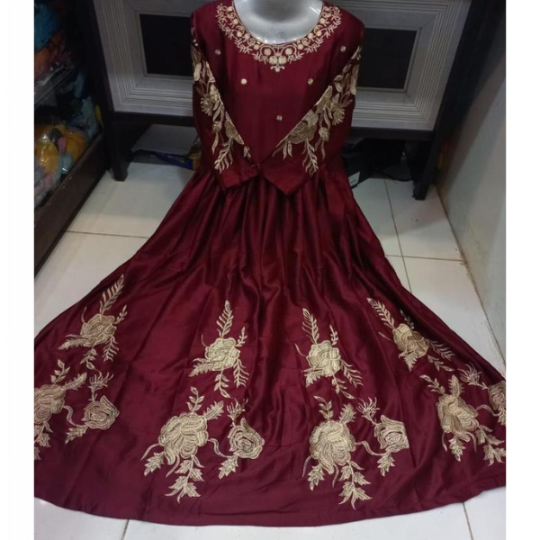 Women’s Stitched Shamoz Silk Embroidered Maxi Dress – Elegant & Flared STOREONE.PK