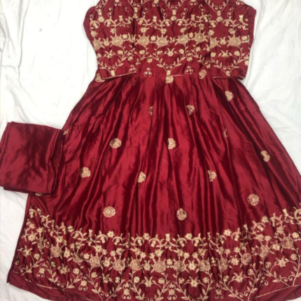 2 Pcs Women’s Shamoz Silk Zari Tilla Embroidered Maxi – Elegant Maroon Formal Dress - STOREONE.PK