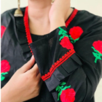 Women’s Stitched Embroidered Gown Suit Set – 3 Pcs Katan Silk (Black) - Image 3