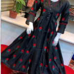 Women’s Stitched Embroidered Gown Suit Set – 3 Pcs Katan Silk (Black) - STOREONE.PK