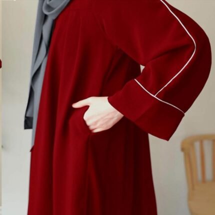 Maroon Georgette Plain Full Abaya for Women with Belt, Pockets & Stole – Elegant Zip Front Design STOREONE.PK