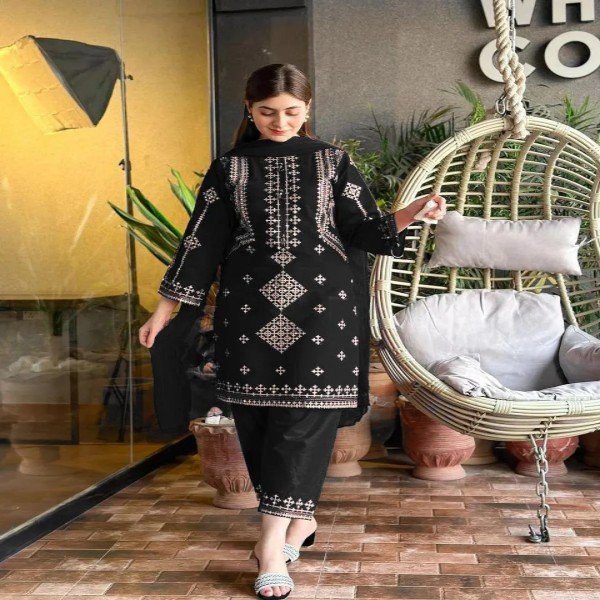Black Sequins Embroidered 3 Piece Cotton Suit with Chiffon Dupatta for Women – Elegant Eid & Party Wear - storeone.pk