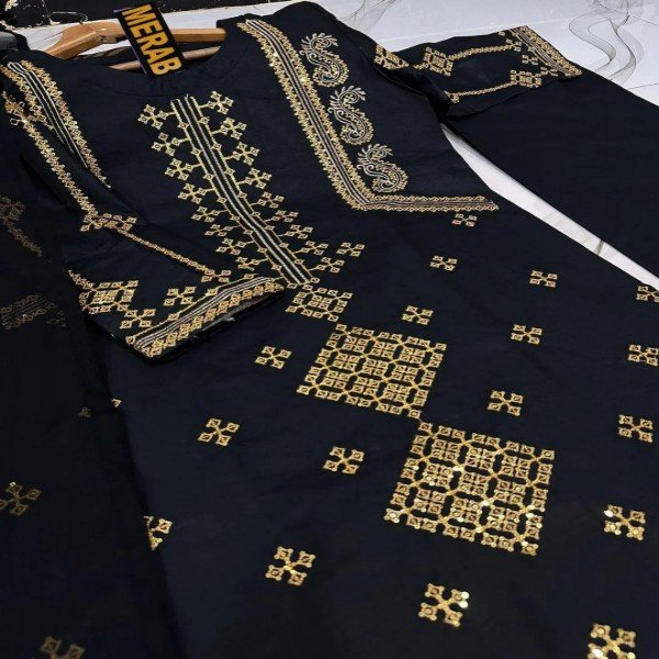Black Sequins Embroidered 3 Piece Cotton Suit with Chiffon Dupatta for Women – Elegant Eid & Party Wear - storeone.pk