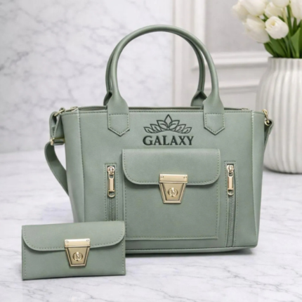 Girls Grey Leather Handbag Set (2 Pcs) – Stylish Top Handle Bag & Matching Wallet in Pakistan - storeone.pk