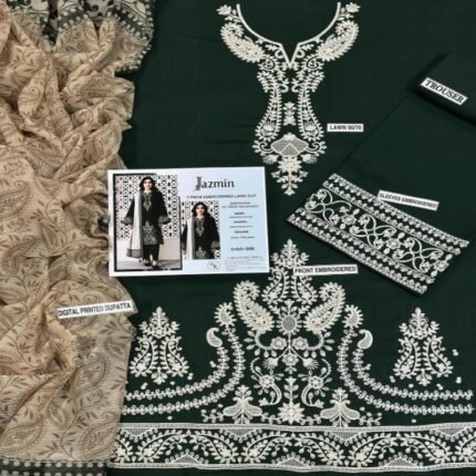 Elegant green 3-piece lawn suit with beautiful white embroidery, perfect for Eid, weddings, and festive occasions. Comes with a matching trouser and a lightweight printed dupatta for a complete, graceful look. STOREONE.PK