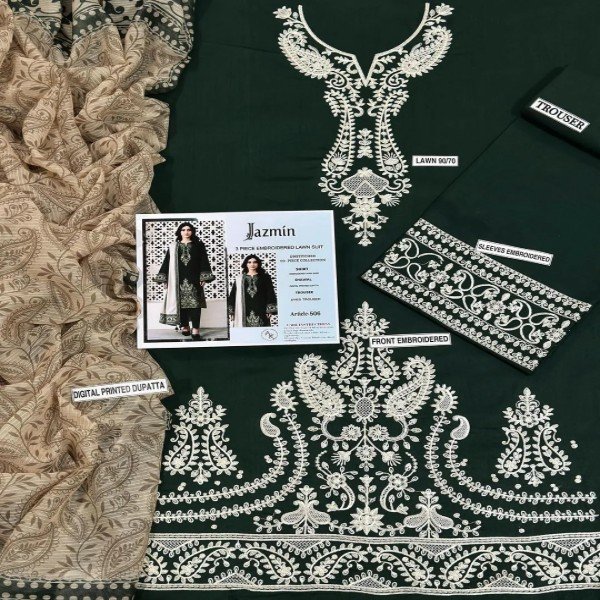 Elegant green 3-piece lawn suit with beautiful white embroidery, perfect for Eid, weddings, and festive occasions. Comes with a matching trouser and a lightweight printed dupatta for a complete, graceful look. STOREONE.PK