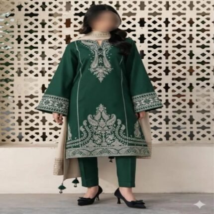 Elegant green 3-piece lawn suit with beautiful white embroidery, perfect for Eid, weddings, and festive occasions. Comes with a matching trouser and a lightweight printed dupatta for a complete, graceful look. STOREONE.PK