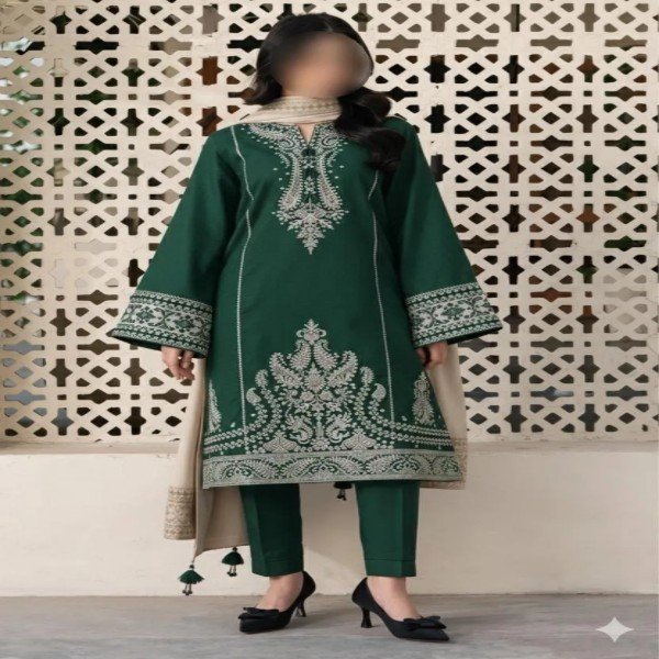 Elegant green 3-piece lawn suit with beautiful white embroidery, perfect for Eid, weddings, and festive occasions. Comes with a matching trouser and a lightweight printed dupatta for a complete, graceful look. STOREONE.PK