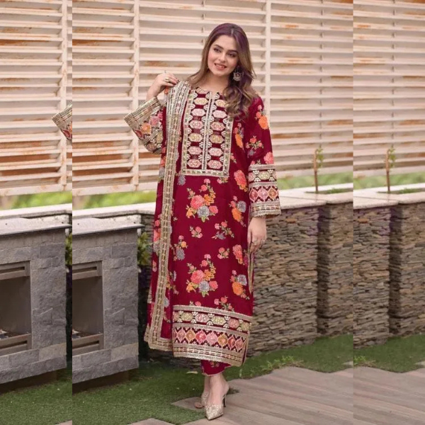 Maroon Embroidered Lawn 3PC Suit for Women Pakistan STOREON.PK
