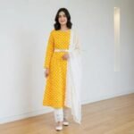 Elegant Yellow Arabic Lawn Printed Maxi Dress 3 Piece Suit Set for Women – Chiffon Dupatta & Cotton Trouser