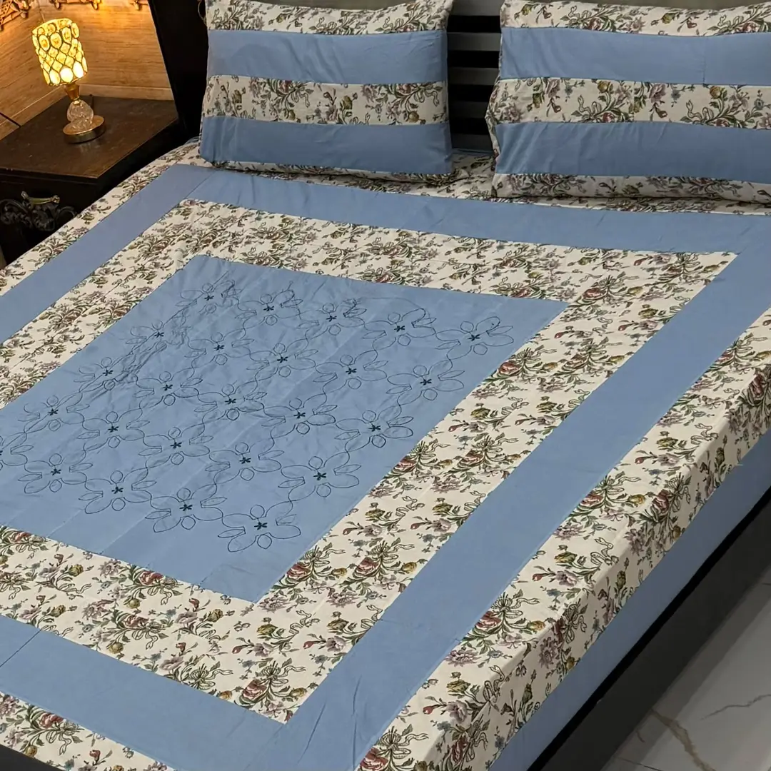 MINDCLAVE.ORG - STOREONE.PK_001 3 Pcs Cotton Patchwork Double Bedsheet – Turquoise - Image 1