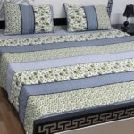 3 Pcs Crystal Cotton Double Bedsheet Set – Blue Green Floral Geometric