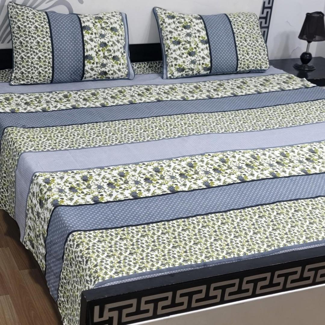 MINDCLAVE.ORG - STOREONE.PK_003 3 Pcs Crystal Cotton Double Bedsheet Set – Blue Green Floral Geometric - Image 1