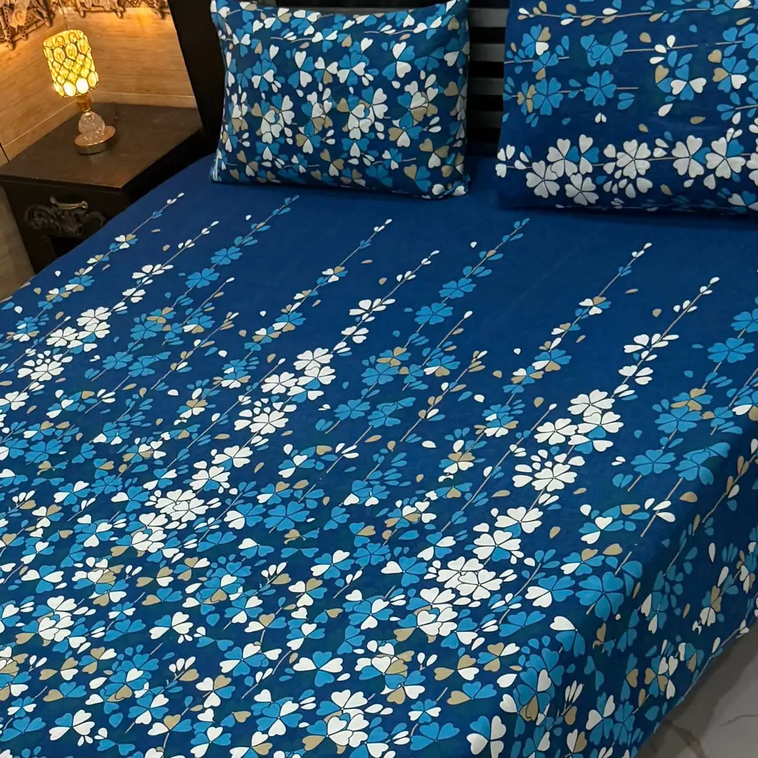 STOREONE.PK_005 3 Pcs Crystal Cotton Printed Double Bedsheet Set – Blue - Image 1
