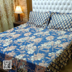 3 Pcs Cotton Salonica Frill Double Bedsheet Set – Blue Floral