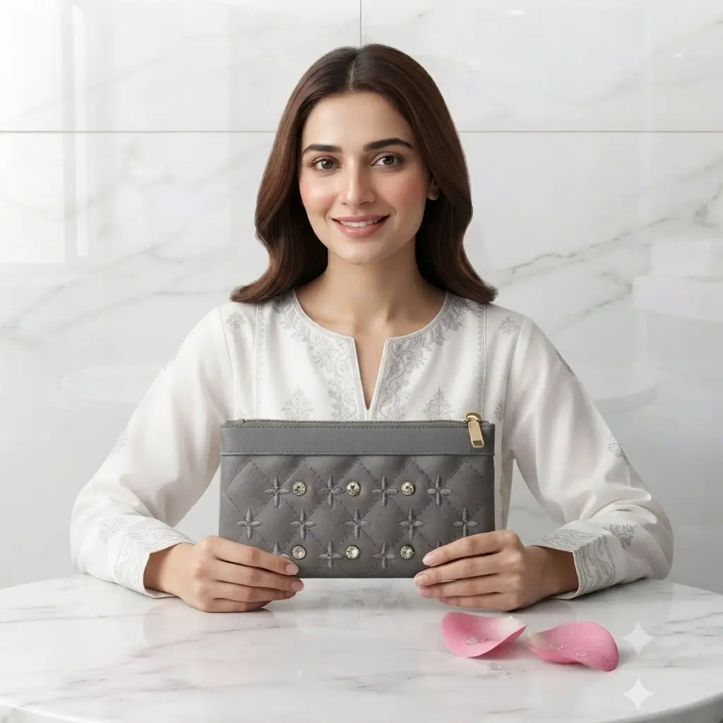 MINDCLAVE.ORG - STOREONE.PK_048 Elegant Embroidered PU Leather Hand Clutch With Wrist Strap – Grey - Image 1