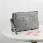 Elegant Embroidered PU Leather Hand Clutch With Wrist Strap – Grey - Image 3